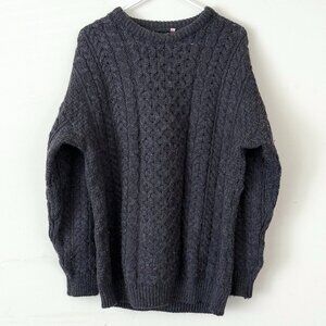 Irish Pure New Wool Gray Knit Aran Fisherman Long Sleeve Sweater Pullover- Large